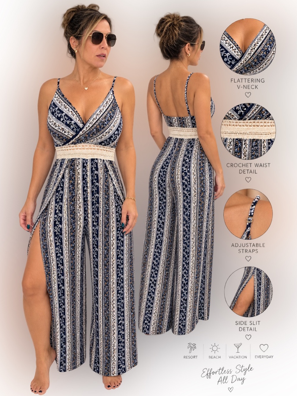 Justify Navy and Cream Striped Wide-Leg Jumpsuit with high slits sz M